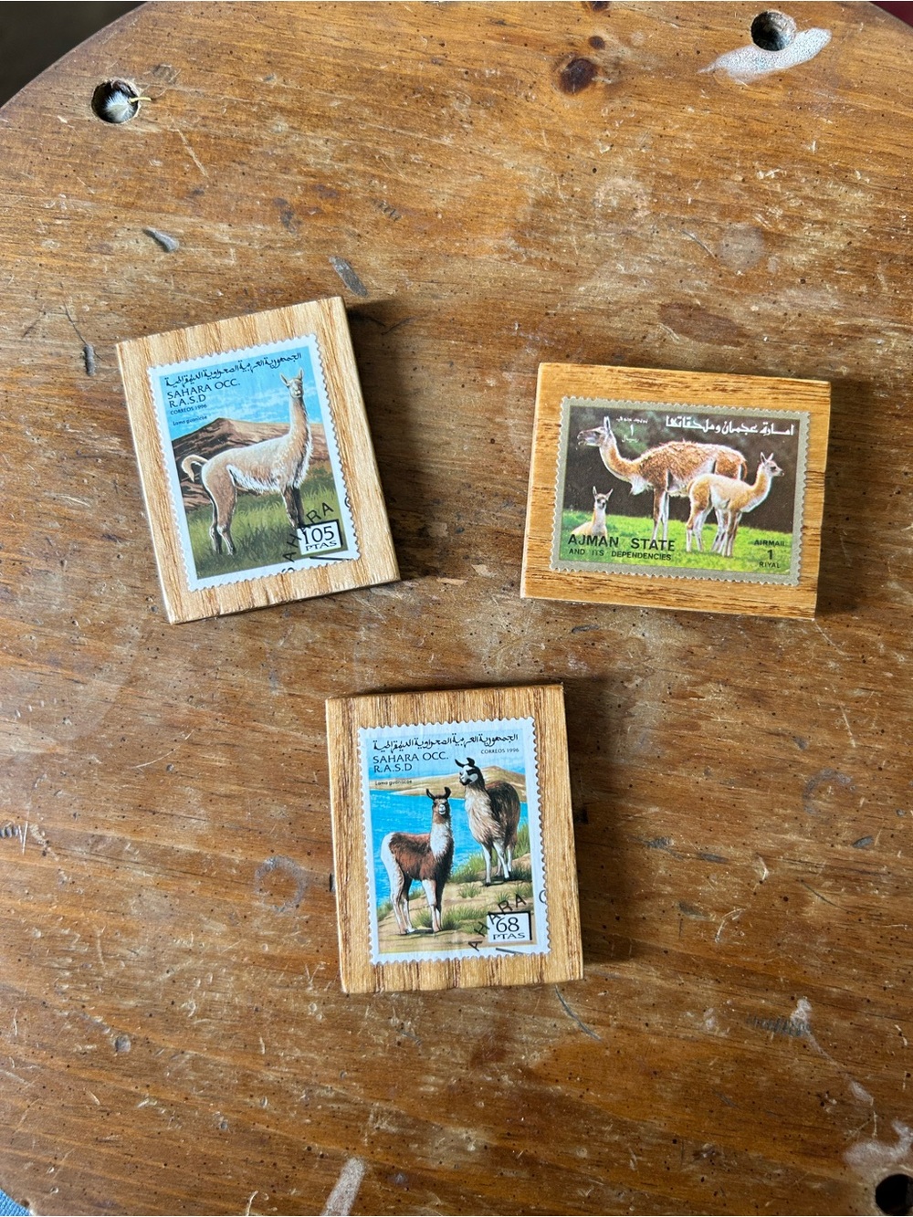 Handmade Vintage Postage Stamp Magnets On Wood • Llamas you pick one